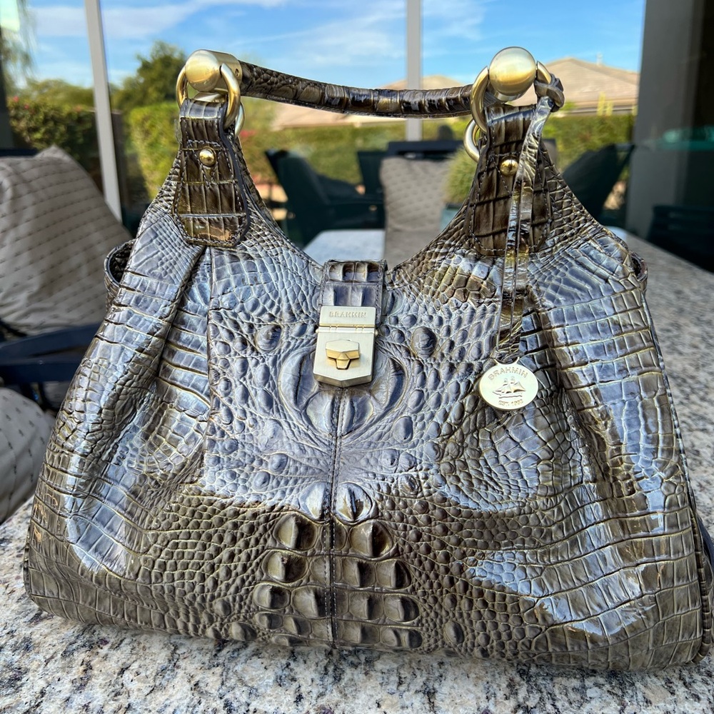 Brahmin Melbourne Elisa Olive colored Signature Croc-Embossed bag.